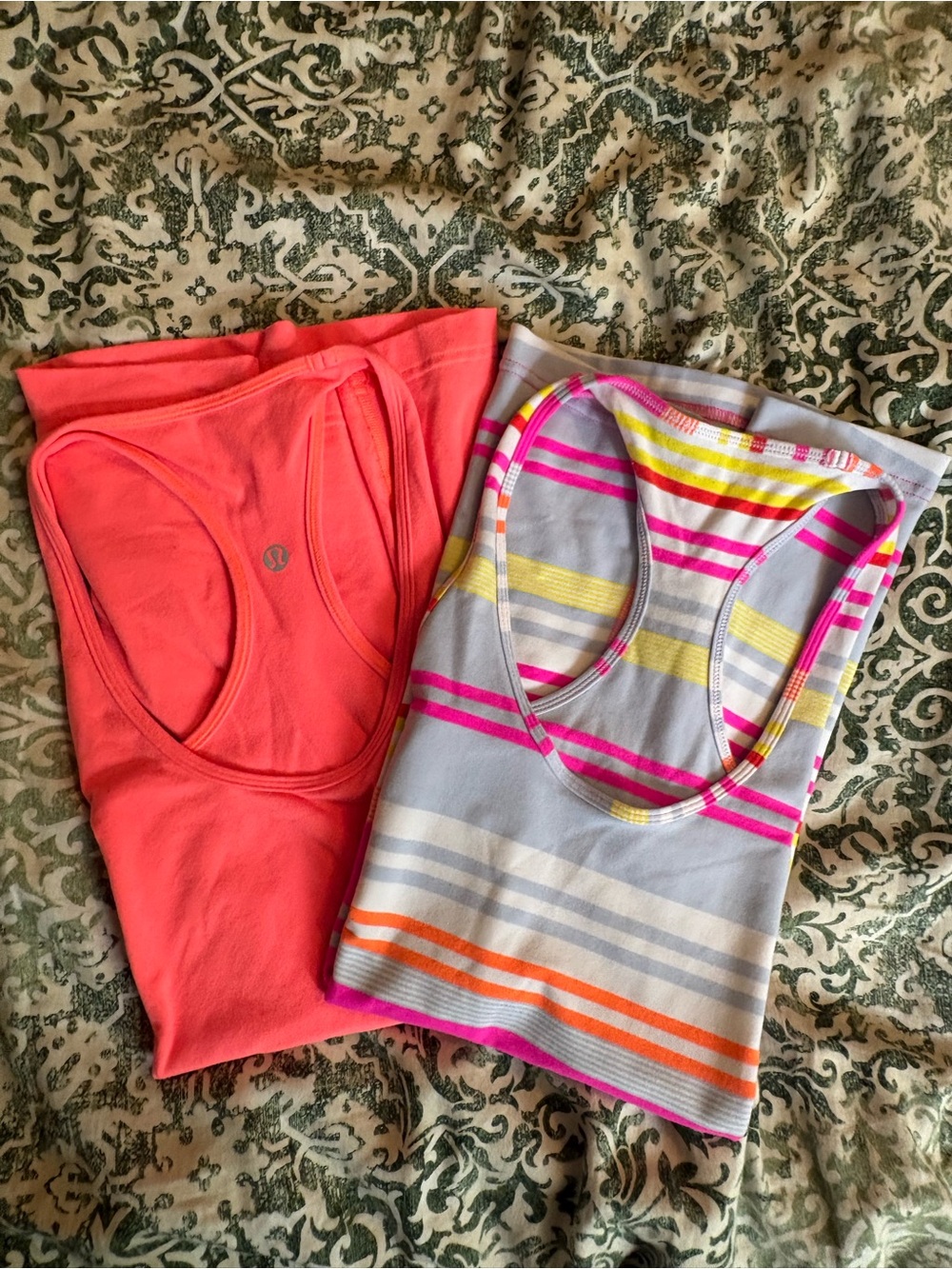 lululemon athletica Coral Solid Tank & Gray Striped Tank Duo